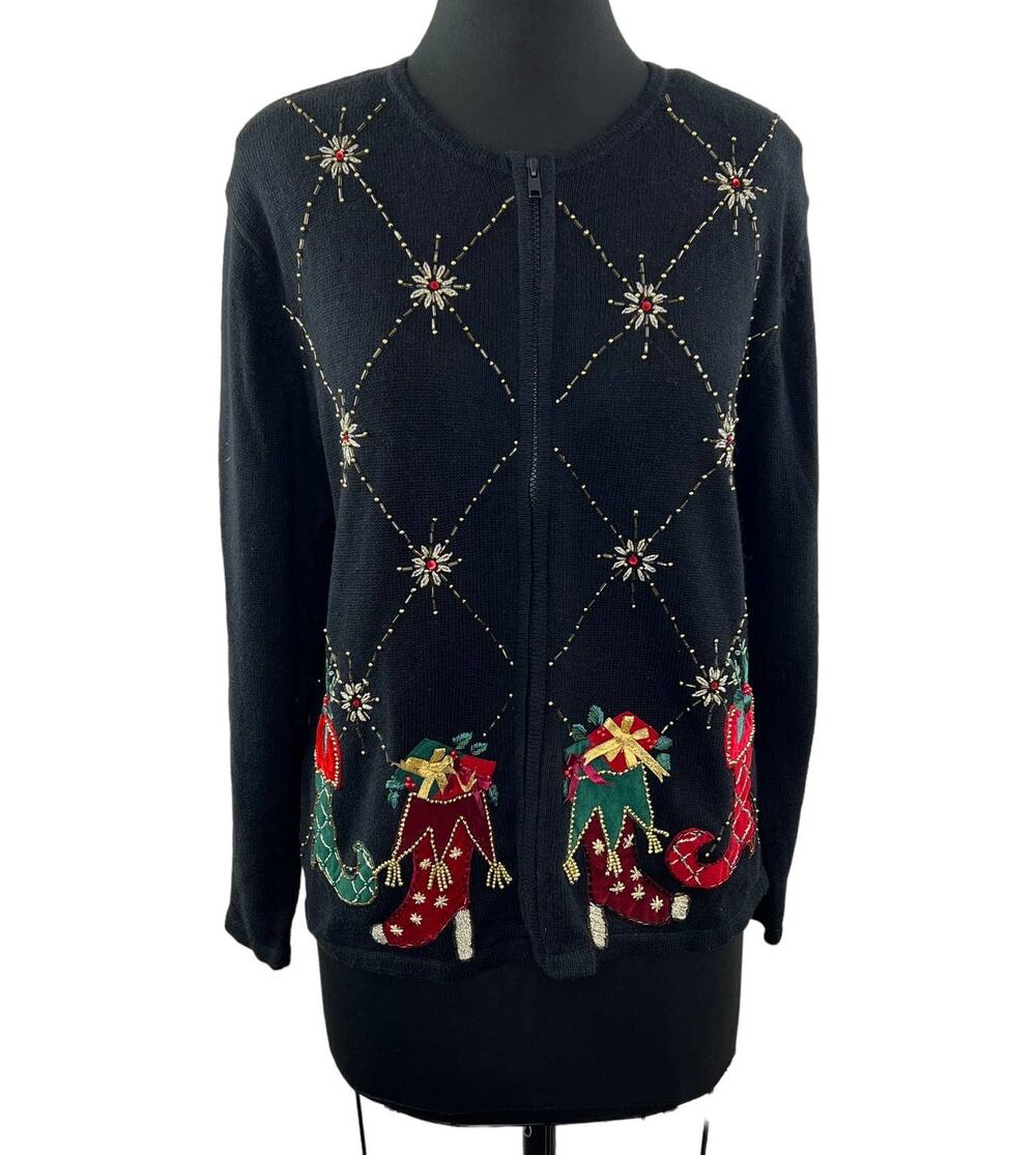 VINTAGE Tiara International Beaded Embroidered Stockings Zip Cardigan Sz L
